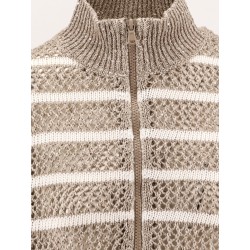 Dazzling striped net linen blend cardigan with sequins
