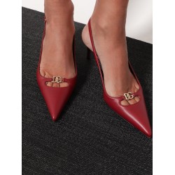 Leather decolletè slingback with metal logo