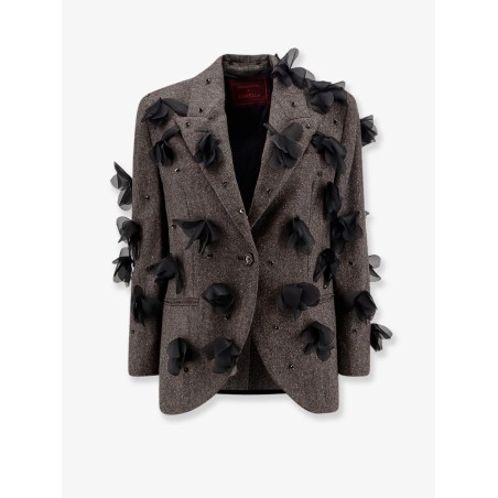 Wool blend blazer with rhinestones and flower patch