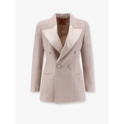 Double-breasted wool blend blazer with satin profiles