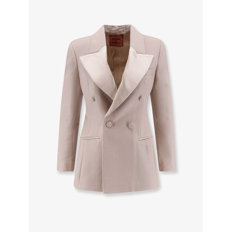 Double-breasted wool blend blazer with satin profiles