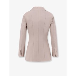Double-breasted wool blend blazer with satin profiles