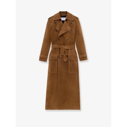 Long double-breasted suede trench coat