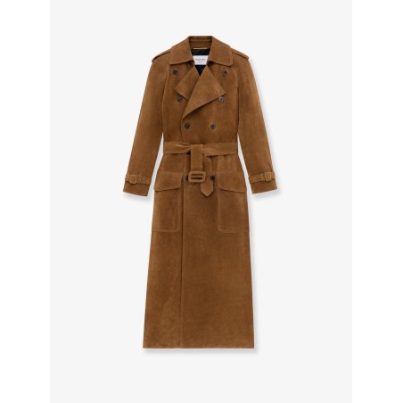Long double-breasted suede trench coat