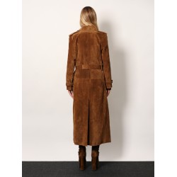 Long double-breasted suede trench coat