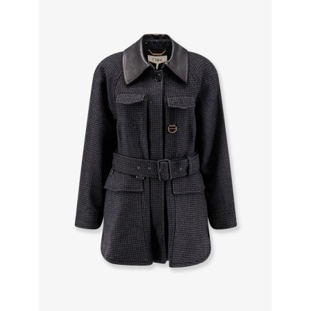 Virgin wool trench with leather collar