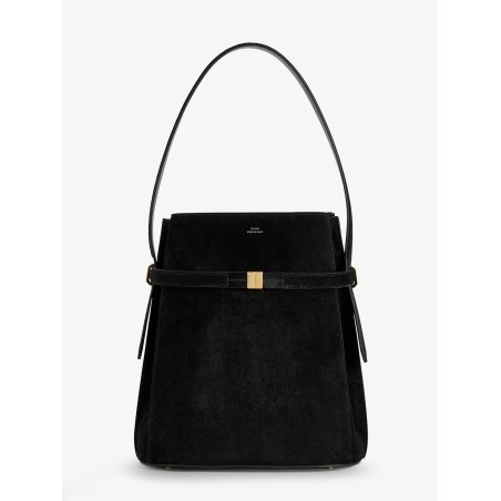 Suede shoulder bag with metal detail on the front