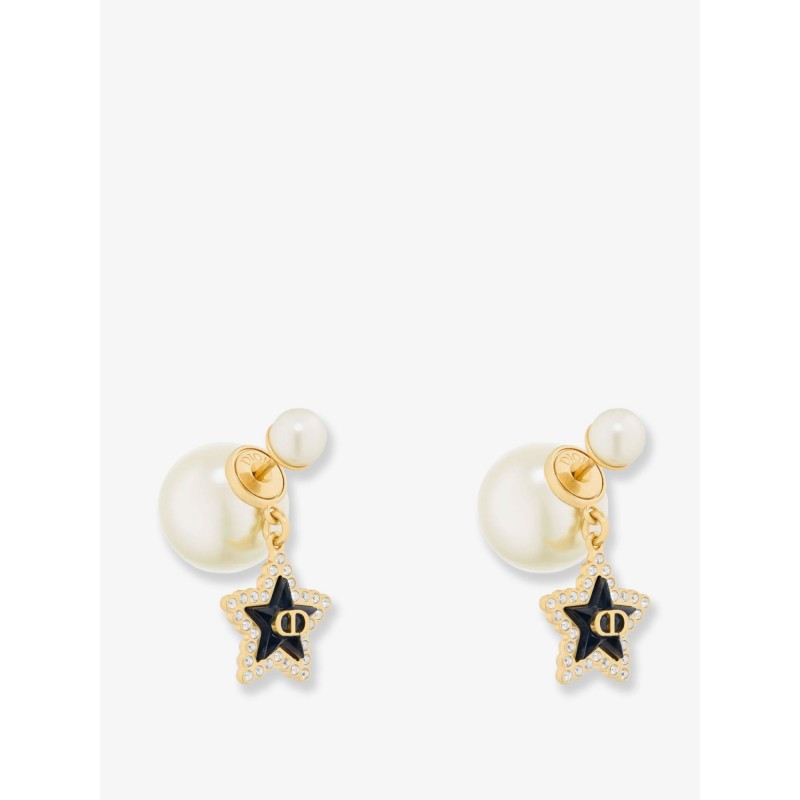 Gold-finish metal earrings with white resin pearls