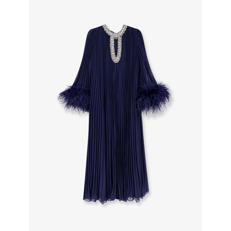 Chiffon long dress with ostrich feathers