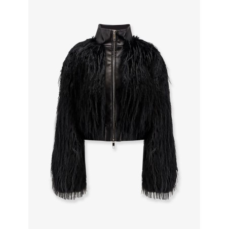 Cecool faux leather jacket with feathers