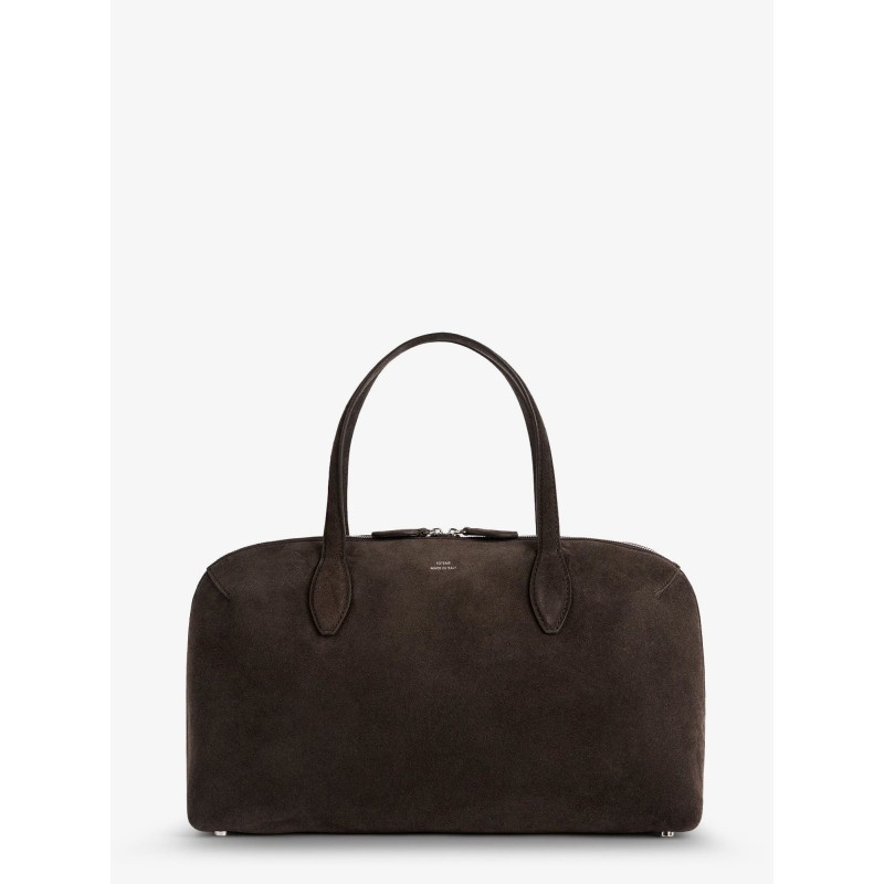 Suede shoulder bag with logo lettering on the front