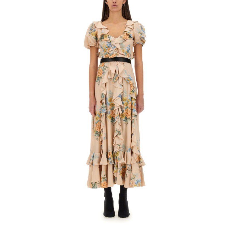 FLORAL PRINT RUCHED SILK DRESS