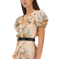 FLORAL PRINT RUCHED SILK DRESS