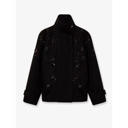 Black denim jacket with floral details in sequins and crystals