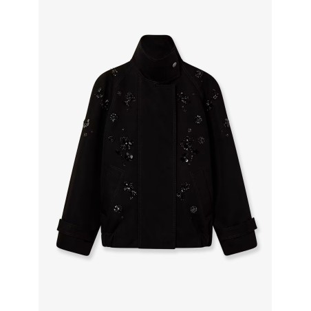 Black denim jacket with floral details in sequins and crystals