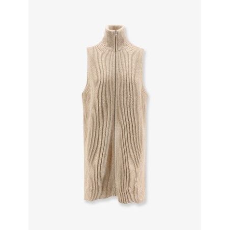 Sleeveless long wool blend cardigan with distressed effect