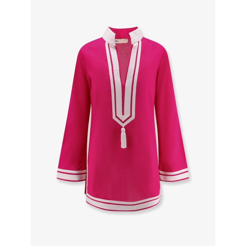 Cotton short dress with contrasting profiles