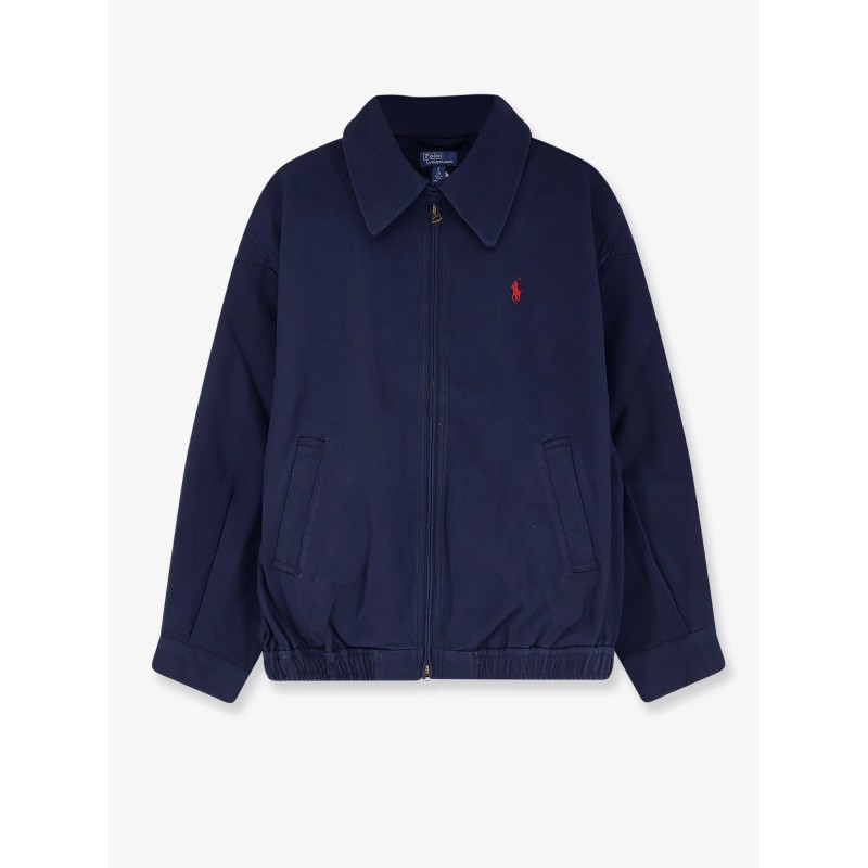 Blue denim jacket with embroidered logo on the front