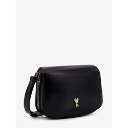 Leather shoulder bag with metal logo on the front