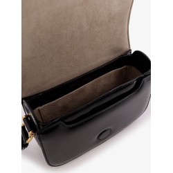 Leather shoulder bag with metal logo on the front