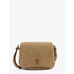 Suede shoulder bag with metal logo on the front