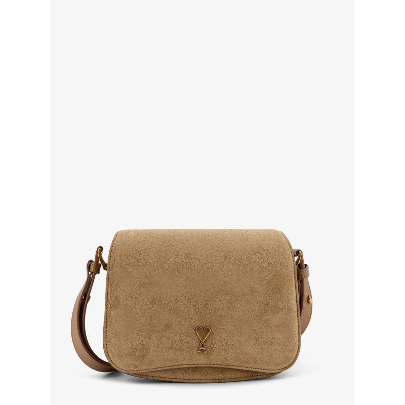 Suede shoulder bag with metal logo on the front