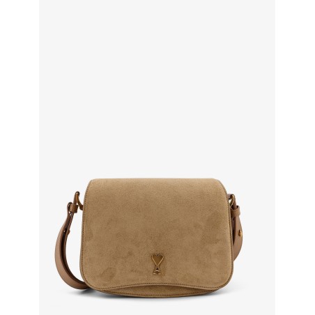 Suede shoulder bag with metal logo on the front