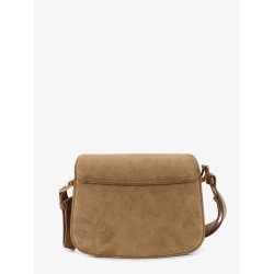 Suede shoulder bag with metal logo on the front