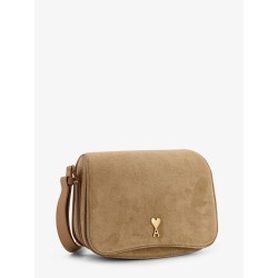 Suede shoulder bag with metal logo on the front