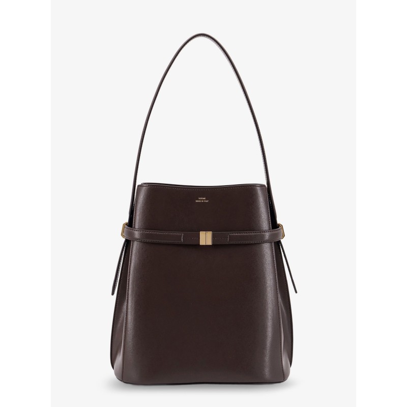 Leather bucket bag with strap on the front