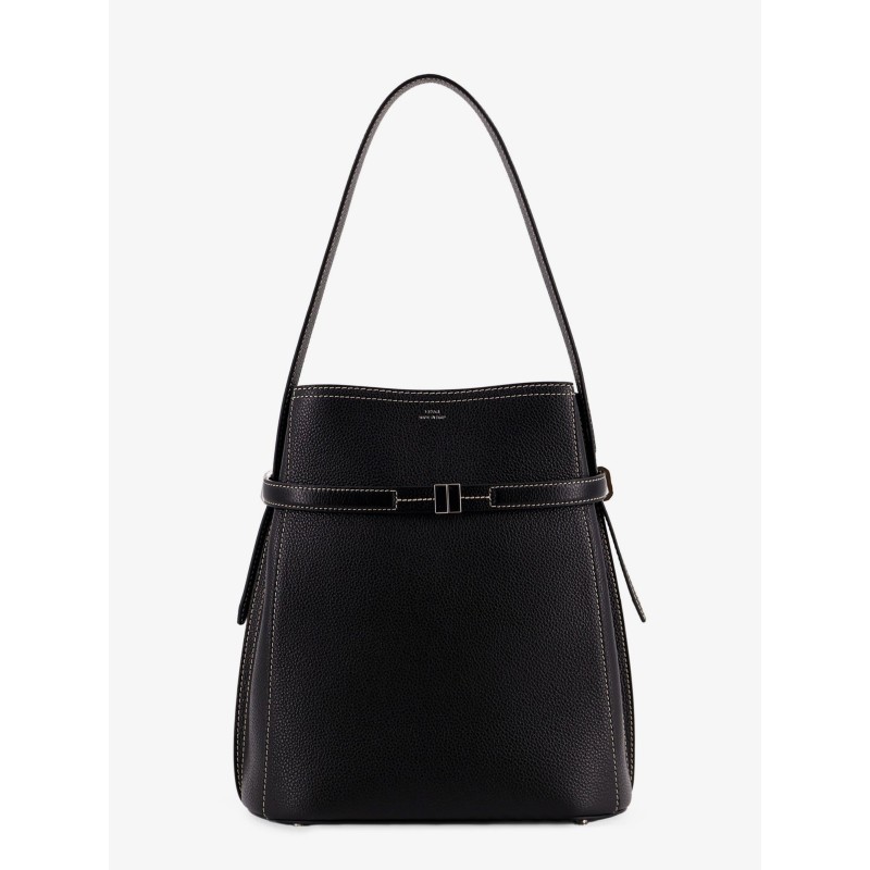 Hammered leather bucket bag with strap on the front