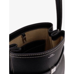 Hammered leather bucket bag with strap on the front