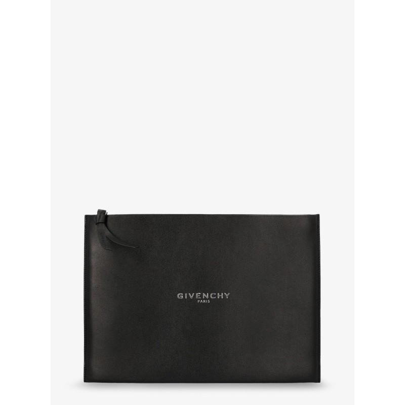 Leather clutch bag with lettering logo on the front
