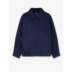 Blue denim jacket with embroidered logo on the front