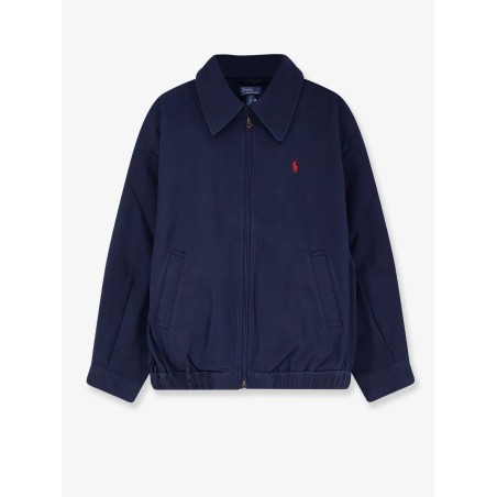 Blue denim jacket with embroidered logo on the front