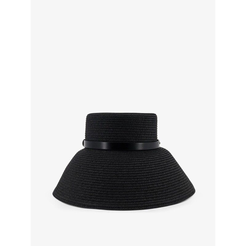 Wide-brimmed hat with metal logo on the front