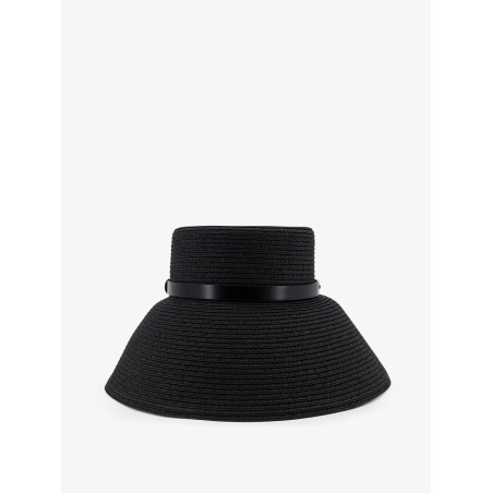 Wide-brimmed hat with metal logo on the front