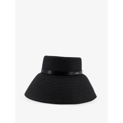 Wide-brimmed hat with metal logo on the front