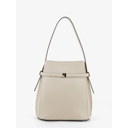 Hammered leather bucket bag with strap on the front