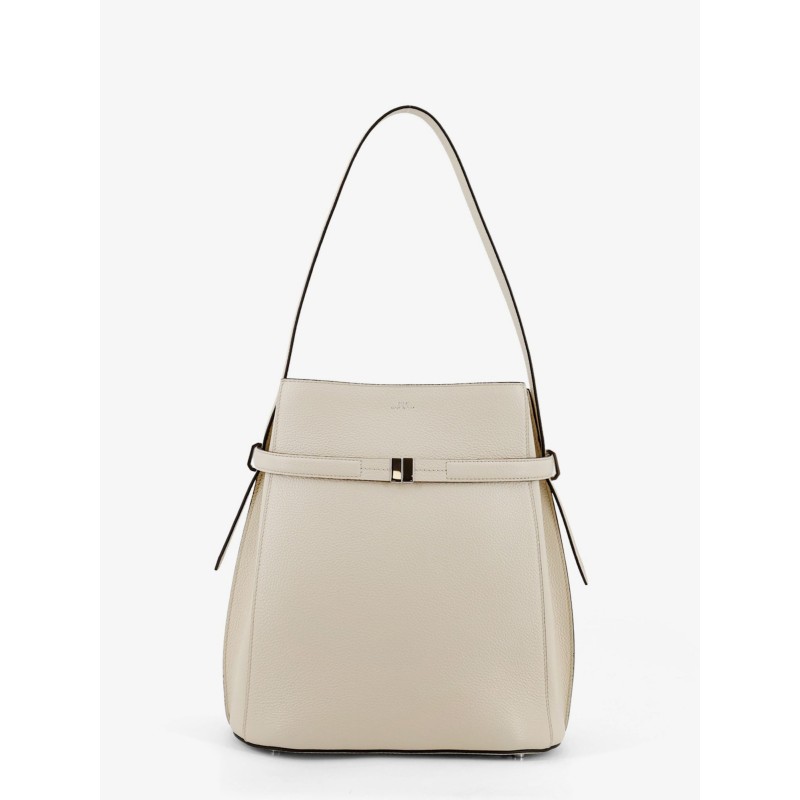 Hammered leather bucket bag with strap on the front