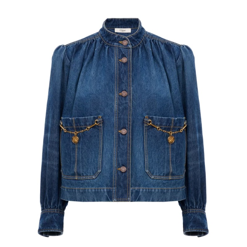 DENIM HIGH NECK GATHERED JACKET