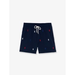 Nylon swim trunks with all-over embroidered logo