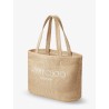 Raffia shopping bag with lettering logo on the front