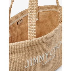 Raffia shopping bag with lettering logo on the front